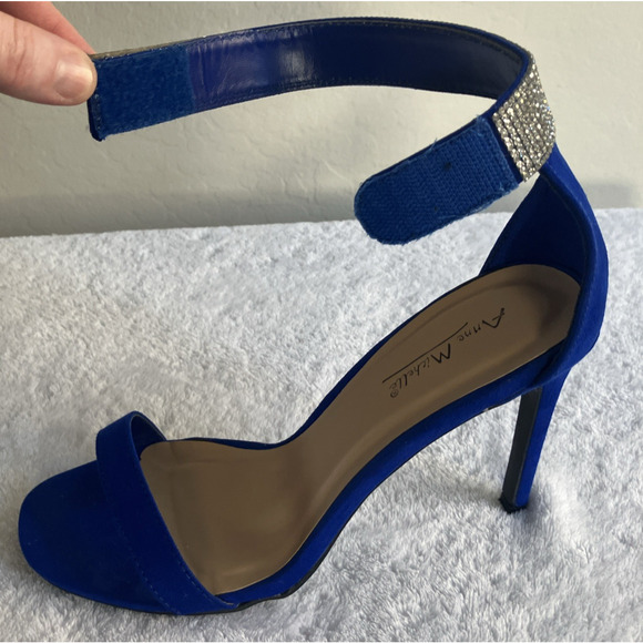 Anne Michelle Size 8 Royal Blue Faux Diamonds Open Toe High Heels Ankle Strap - Picture 9 of 16